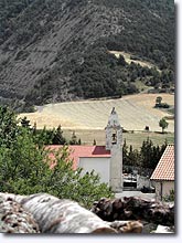 Piégut, bell tower and mountain landscape