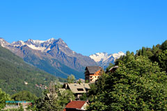 Briancon, typical chalets and mountain